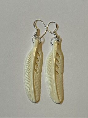 Carved Buffalo Cream Bone Feather Drop Earrings with 925 Silver Hooks